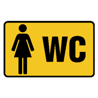 Et gult skilt med en kvindelig figur og teksten WC, der angiver kvindetoilet.