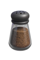 En gennemsigtig peberbøsse med sort låg og fyldt med groft peber.