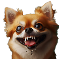 Et nærbillede af en glad Chihuahua med en stor mundfuld tænder og dråber ved munden.