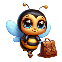 En farverig og nuttet bi med store øjne og en rygsæk, der ser glad ud.