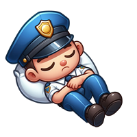 En sød, animeret politibetjent, der sover med armene krydset.