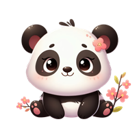 Et tegnet billede af en sød panda, der sidder med blomster omkring sig.