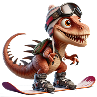 En farverig dinosaur iført skiudstyr og briller, klar til at stå på ski.
