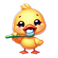 En glad, gul and holder en tandbørste og ser venlig ud.