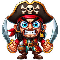 En farverig og vred pirat med sabel og skattebørse, iført en karakteristisk pirathat.