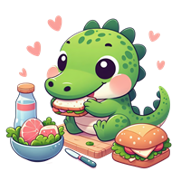 En glad, grøn dinosaur sidder og spiser sandwich, omgivet af mad og hjerter.