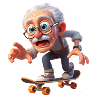 En ældre mand med briller og hvidt hår, der skateboarder med en spændt mine.