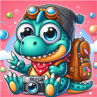 En farverig, cartoonagtig dinosaur med briller og rygsæk, der sidder med et kamera.