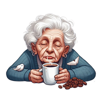 En ældre kvinde nyder en kop kaffe, omgivet af små fugle og kaffebønner.
