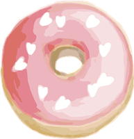 En farverig donuts med lyserød glasur og hjerteformede pynt.