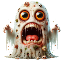 Et grødet spøgelse med store, skræmmende øjne og en åben mund, der afslører en uhyggelig tandrække.