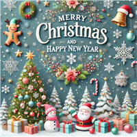 Et farverigt julemotiveret billede med juletræer, gaver, snemænd og dekorative elementer.