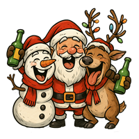 Et festligt billede af Santa Claus, en snemand og et rensdyr, der fejrer julen sammen.