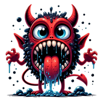 Et sjovt og farverigt monster med store øjne, skarpe tænder og en lang tunge, der ser ud til at sprøjte væske.