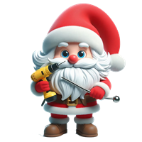 En farverig, cartoonagtig julemand holder en boremaskine og en skruenøgle.