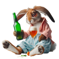 En antropomorf kanin iført tøj, der nyder en flaske øl og et glas drink.