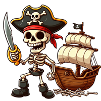 En farverig illustration af en skeletpirat med sværd og et skib.
