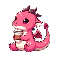 En nuttet, lyserød drage sidder og holder en kaffekop, med store, udtryksfulde øjne.