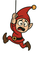 En nisse i rødt tøj, der ser bange ud, mens han hænger i en snor.