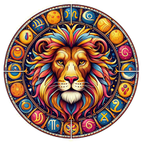 Et kunstnerisk billede af en løve med farverige manker, omgivet af stjernetegn.