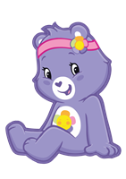 En sød lilla bjørn med et blomsterbånd sidder og smiler.