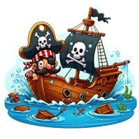 Et farverigt piratskib med en glad pirat, der sejler i bølgerne.