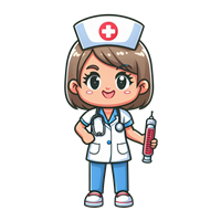 En tegneserieagtig sygeplejerske med et venligt smil, iført uniform og holder en sprøjte.