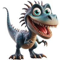 En farverig og venlig dinosaur med store øjne og et stort smil, der ser glad ud.