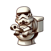 En sjov illustration af en stormtrooper, der sidder på et toilet med toiletpapir.