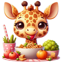 En farverig og glad giraf, der nyder en skål med forskellige snacks og frugter.
