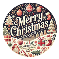 Et farverigt og festligt billede med teksten Merry Christmas, dekoreret med juletræer, gaver og sne.