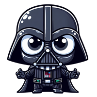 En sød og tegneserieagtig version af Darth Vader med store øjne og et venligt udtryk.
