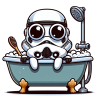 En sød, tegneserieagtig stormtrooper sidder i et badekar fyldt med skum.