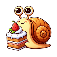 En glad snegl sidder ved siden af en lækker kage med flødeskum og jordbær.