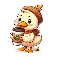 En sød and iført en strikhat og tørklæde, der holder en kaffekop.