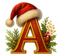 Et dekorativt bogstav A iført en rød nissehue, omkranset af julegrønne planter.