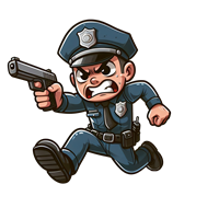 En tegneserieagtig politibetjent, der løber med en pistol, klar til handling.