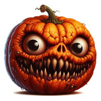 Et græskar med et skræmmende ansigt, store øjne og en truende tandrække.