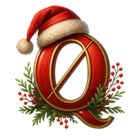 Et stort, rødt bogstav Q iført en nissehue, omgivet af grønne grene og bær.