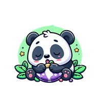 En tegneserieagtig panda, der sidder og spiser frugt, omgivet af grønne planter.