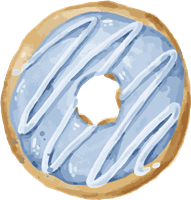 En illustreret donut med blå glasur og hvide striber på toppen.