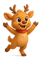 En sød og glad rensdyrfigur, der springer og smiler, med små horn og en rød halsbånd.