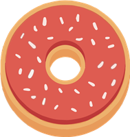 En illustreret donut med rød glasur og hvide strøelse på toppen.