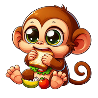 En nuttet tegnet abe, der spiser et stykke brød og sidder blandt frugter.