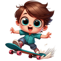 En glad dreng med brunt hår, iført en grønternet skjorte, der skater på en skateboard.