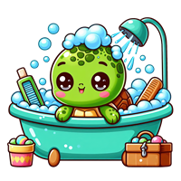 En glad skildpadde sidder i et boblebad fyldt med sæbe og badetilbehør.