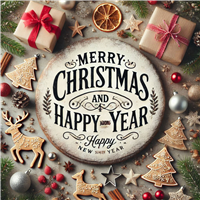 Et festligt billede med juledekorationer, gaver og en hilsen om glædelig jul og godt nytår.