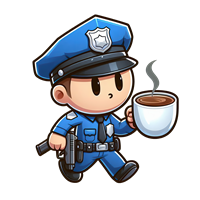 En tegneserieagtig politibetjent bærer en kop kaffe og en pistol, mens han går.