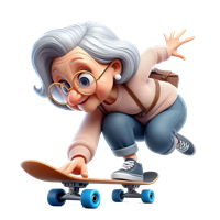 En livlig, animeret bedstemor, der skater på en skateboard med entusiasme.