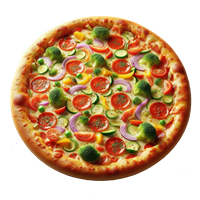 En lækker pizza toppet med friske grøntsager som tomater, løg, og broccoli.